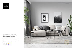 Living Room Sofa and Pillows Mockup, a Household Mockup by creatsy2