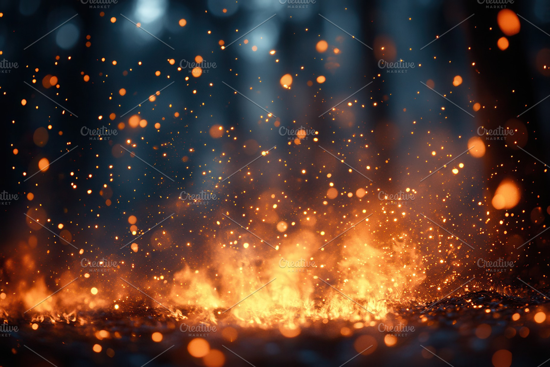 Bright sparks erupt in a dark forest, a Photo by Tanuart