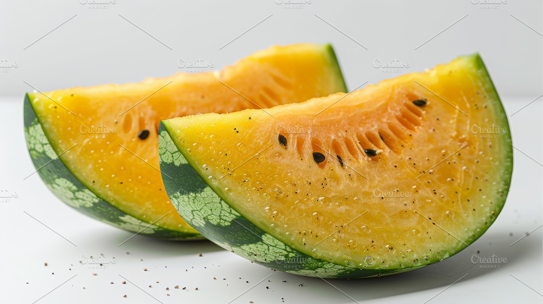 Close-up of fresh yellow watermelon slices on a white background, a Photo by AS photostudio