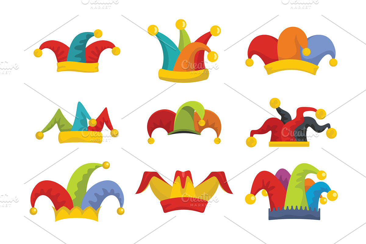Jester fools hat icons set flat, an Illustration by Ylivdesign