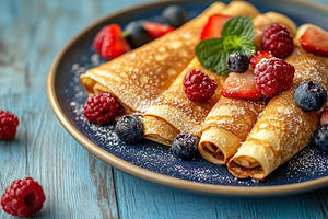 Delicious pancakes topped with fresh fruits and sweet syrup on a rustic blue ta, a Food & Drink Photo by AlyaAnd