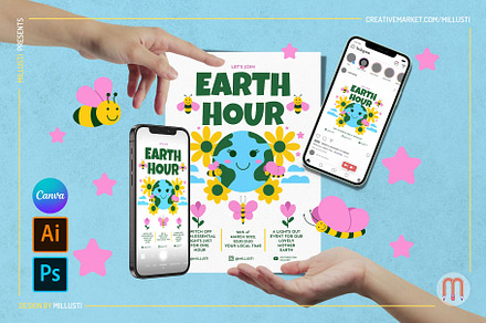 Cartoon Earth Hour Flyer Template