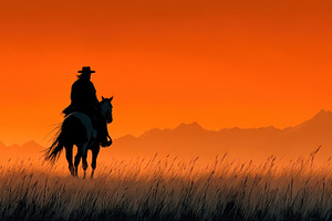 Cowgirl silhouette on horseback riding through tall grass at sun, a Person Photo by José Manuel Gelpi
