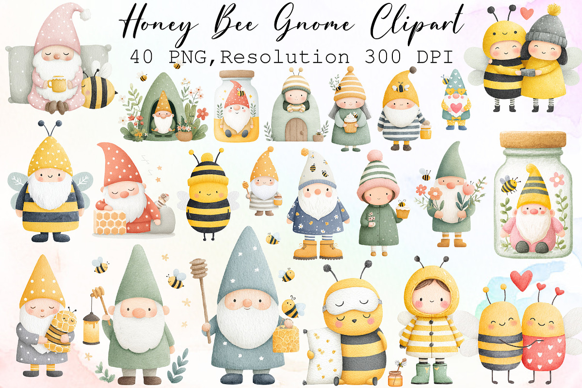 Honey Bee Gnome Watercolor Clipart, an Illustration by Sublimation Artist (Photo 1 of 6)
