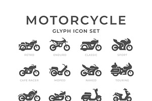 Set Glyph Icons Of Motorcycle