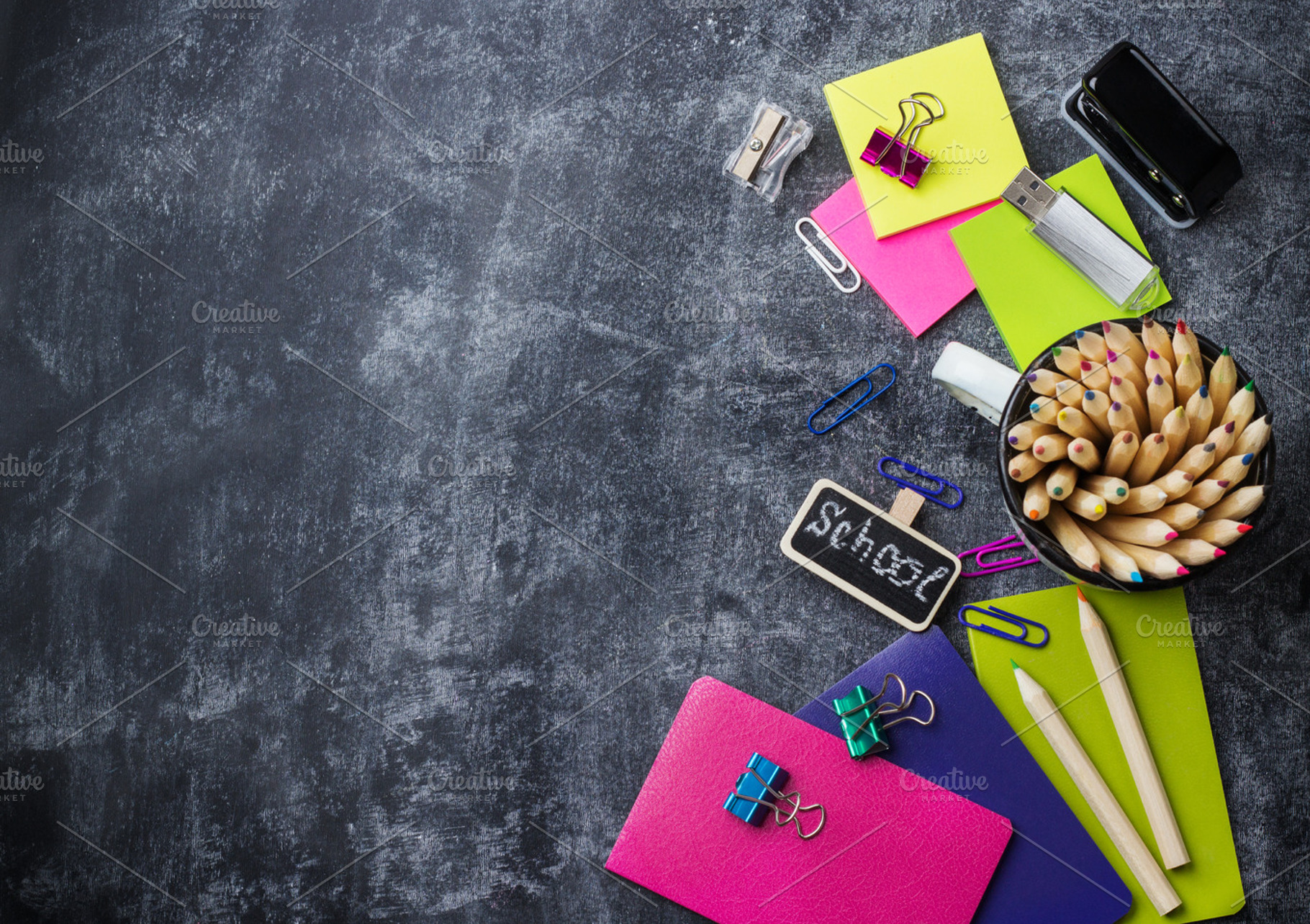 School stationery supplies pencil pen note on grunge chalkboard containing, a School & Education Photo by Antonina Vlasova
