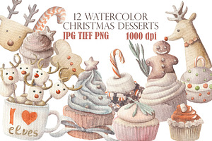 12 Watercolor Christmas desserts set