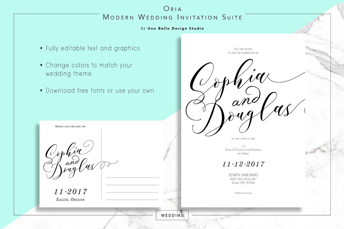 Oria Modern Wedding Stationery, an Invitation Template by Uno Bello Design Studio (Photo 2 of 5)