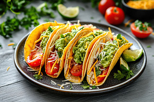 Vegetarian tacos with guacamole, cheese and tomatoes on a plate, a Food & Drink Photo by AlyaAnd