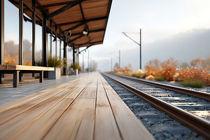 Train station platform with wooden flooring and scenic background in autumn lig, a Transportation Photo by AlyaAnd