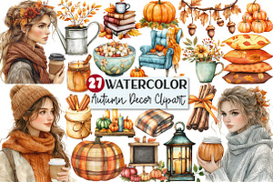 Watercolor Autumn Decor Clipart, an Illustration by Rose Art