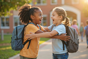 Children greeting outside school, a School & Education Photo by DanFLCreativo