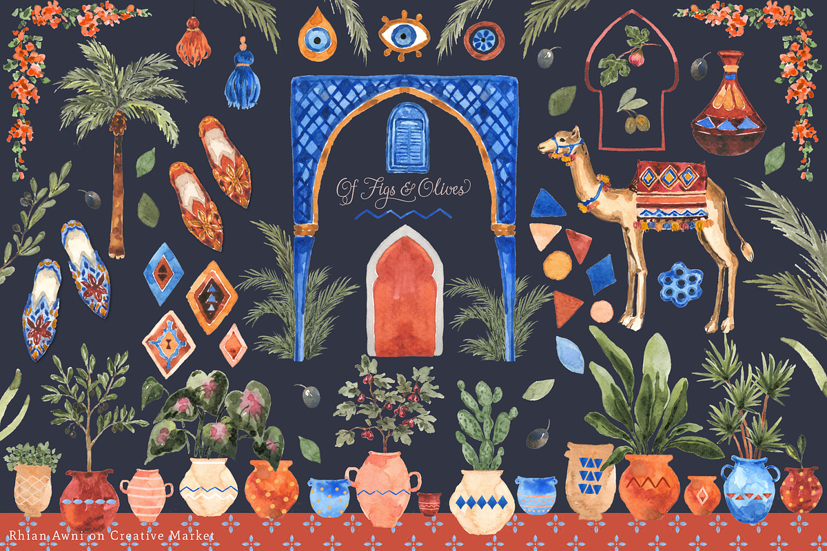 Moroccan Watercolor Clipart Graphics, an Illustration by RhianAwni (Photo 1 of 6)