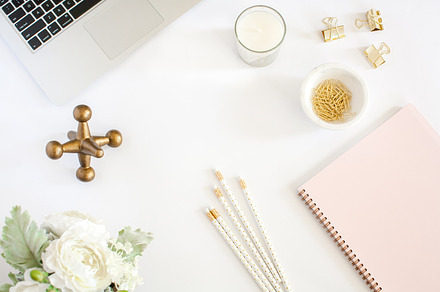 Pink and gold styled desktop 4 featuring above, agenda, and arranged, a Business Photo by Stocklane