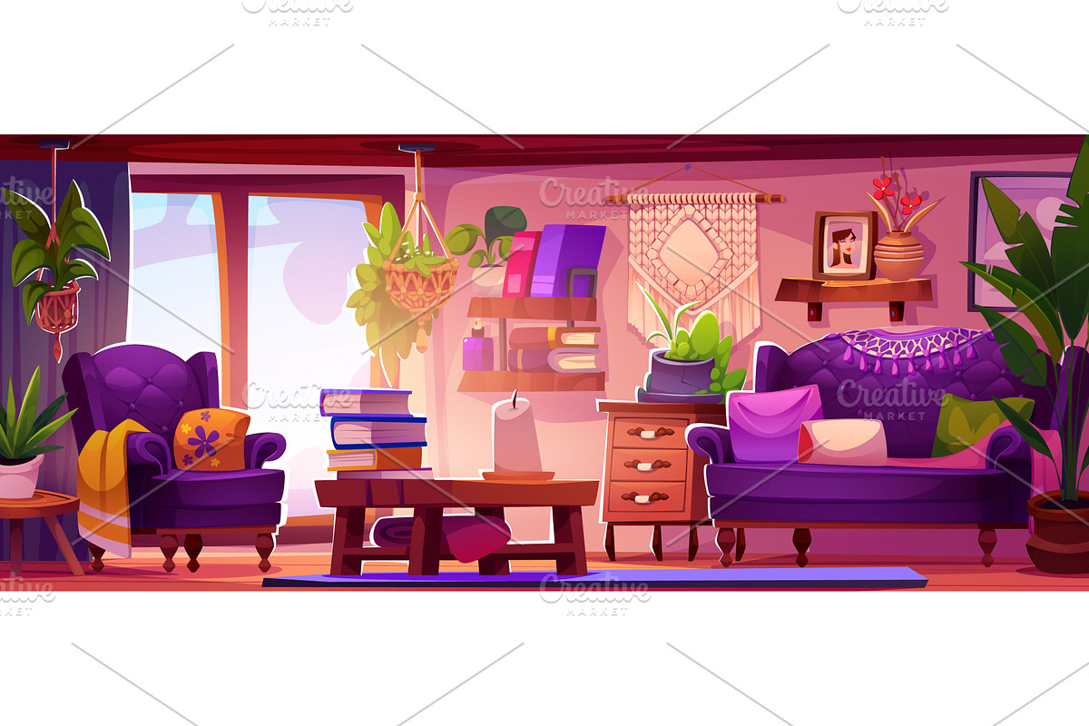 Boho living room interior with, an Object Illustration by art PVP - market