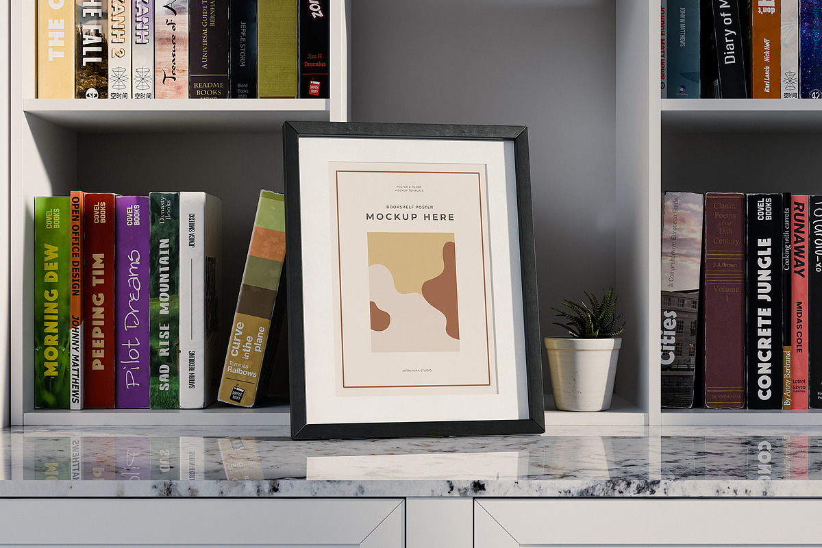 Bookshelf Poster Frame Mockup, an Advertising Mockup by Artnivora.Std (Photo 2 of 4)