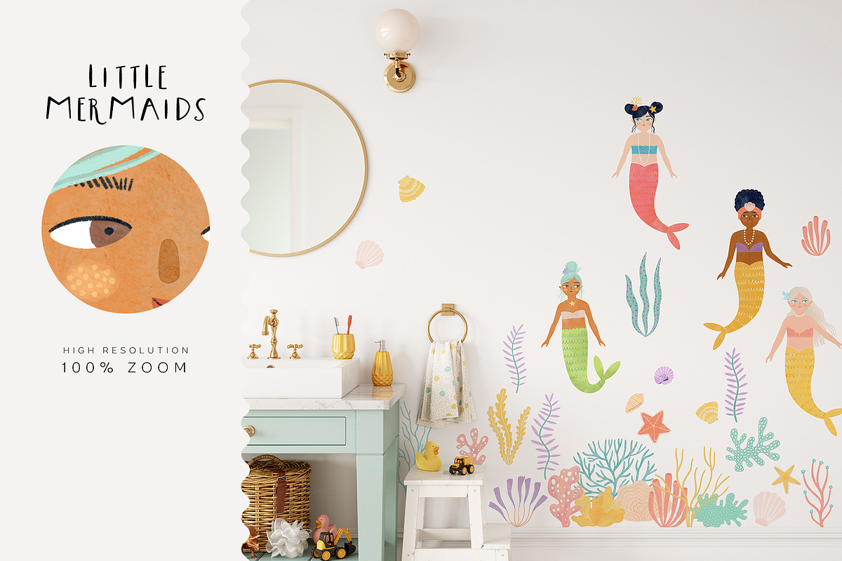 Little Mermaids. Clipart & Patterns, a Decorative Illustration by annartdreams (Photo 2 of 11)