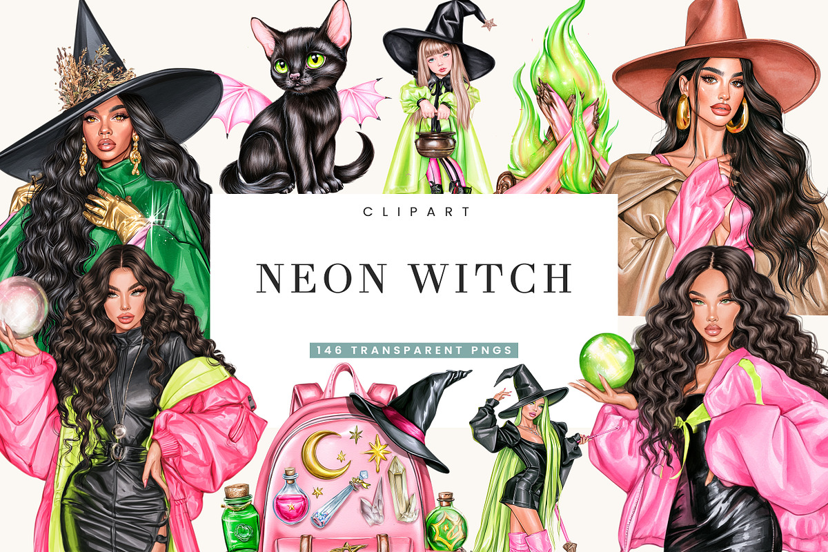 Neon Witch Clipart Bundle, a Seasonal Illustration by BusyDaydesign (Photo 1 of 9)