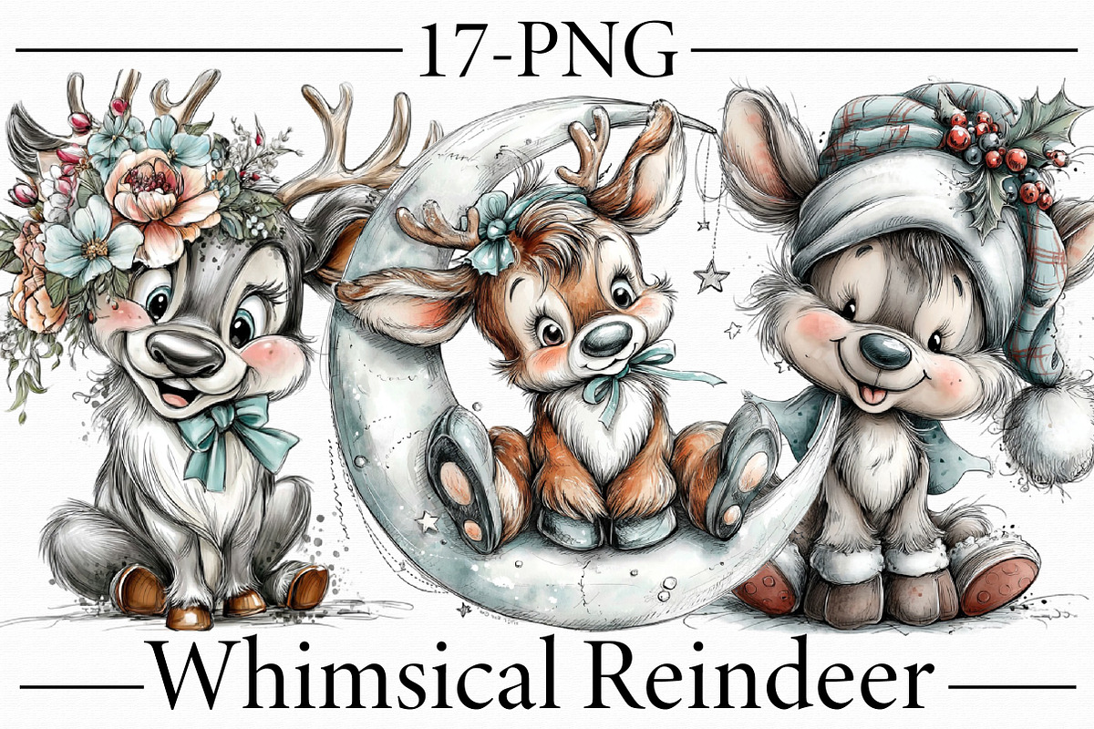 Whimsical Reindeer Clipart Bundle, an Illustration by Libby Wishes (Photo 1 of 3)