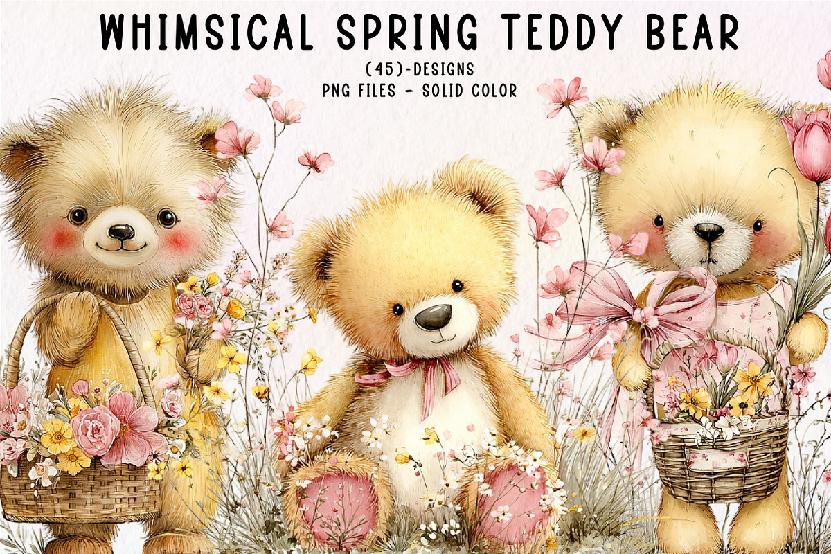 Whimsical Spring Teddy Bear Clipart, an Illustration by CreationArt (Photo 1 of 10)