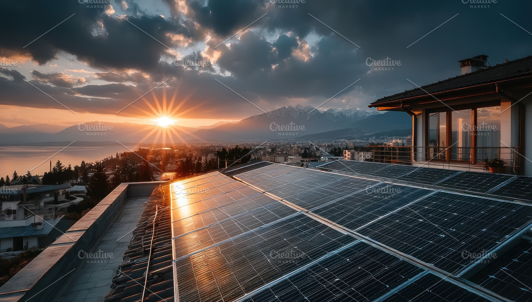 Modern rooftop solar panels at sunset overlooking cityscape, lak, a Technology Photo by José Manuel Gelpi