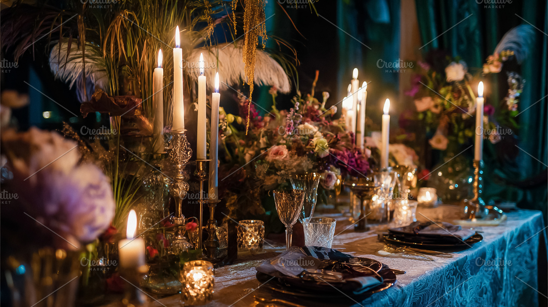 Romantic candlelit dinner table setting displaying elegant decor, a Photo by Studio ANNA