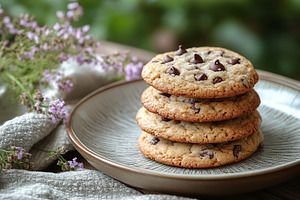 Deliciously baked brown chocolate chip cookies on a ceramic plate with fresh he, a Food & Drink Photo by AlyaAnd
