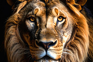 Majestic portrait of a lion with golden mane and piercing eyes, an Animal Photo by GoodGoods