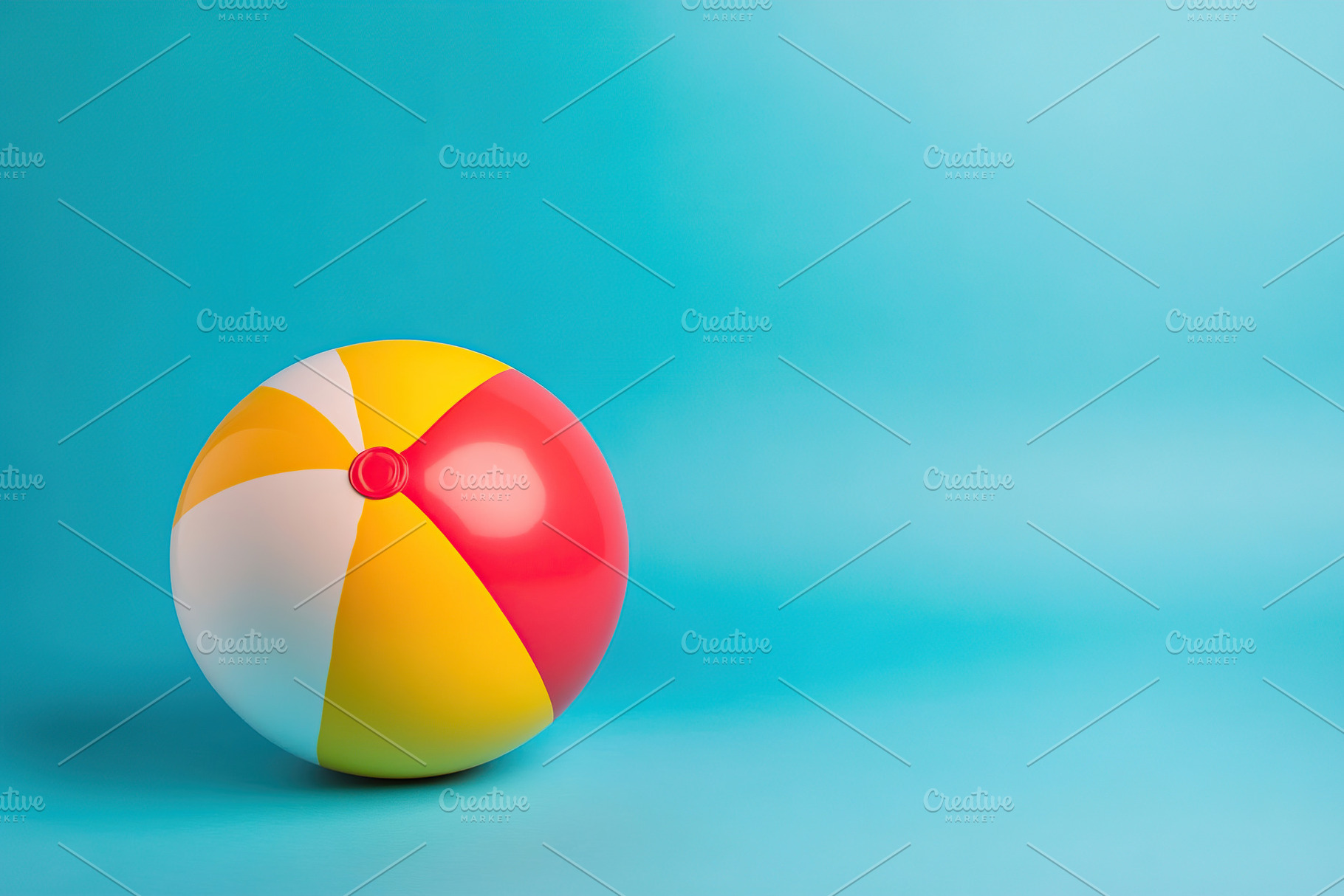 Colorful beach ball resting on pastel blue background for summer fun, an Arts & Entertainment Photo by AlyaAnd