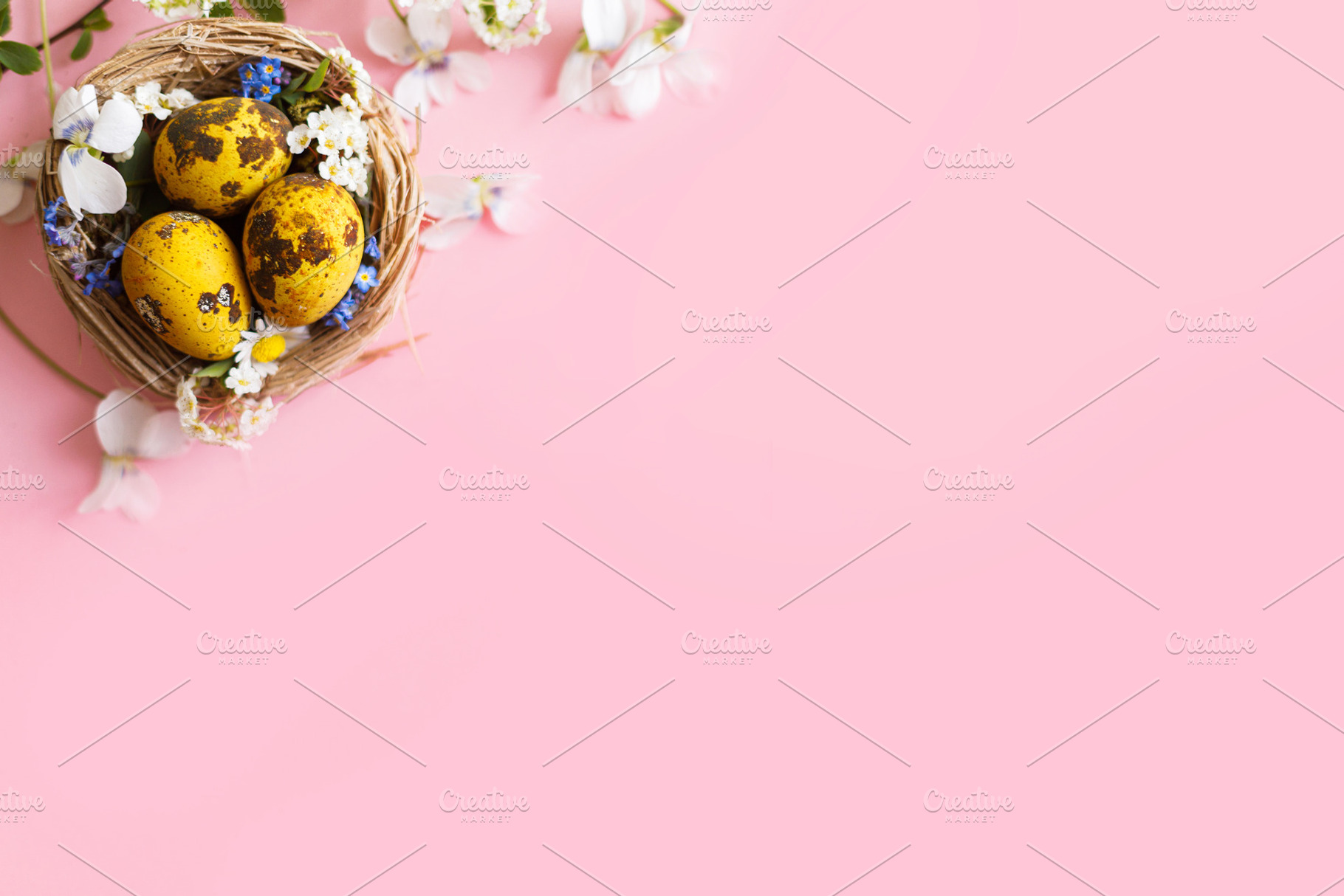 Happy Easter! Modern dyed eggs in nest and spring blossom flat l, a Holiday Photo by Sonjachni