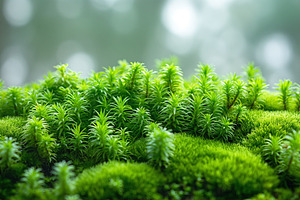 Lush green moss in soft focus, creating a serene and tranquil woodland atmosphe, a Background Photo by ImageMir