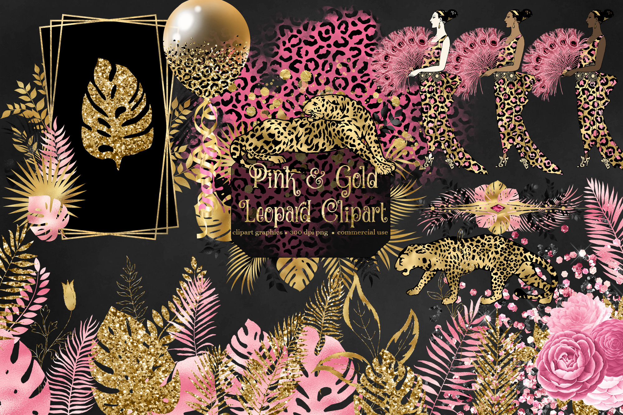 Pink and Gold Leopard Clipart, an Illustration by Digital Curio