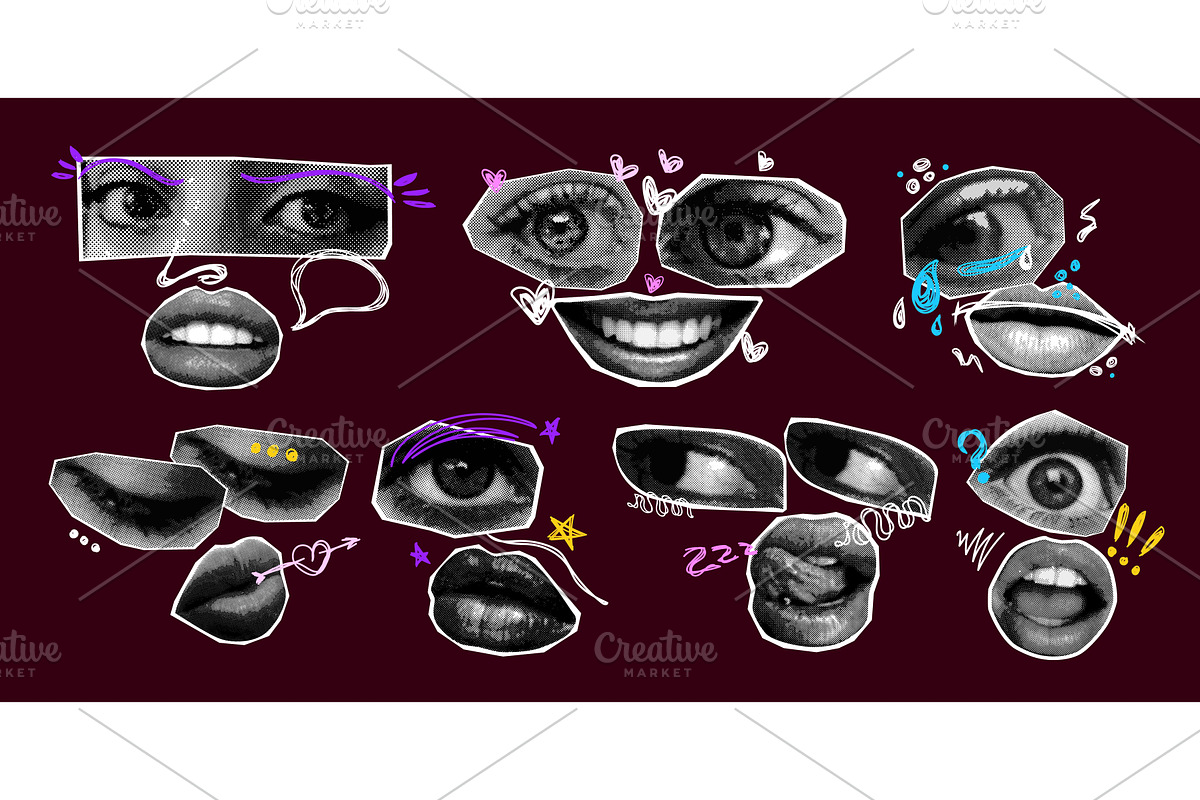 Eyes mouth collage. Female eye lips, an Illustration by Stock-Smart-Start