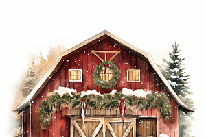 Watercolor Christmas Barn