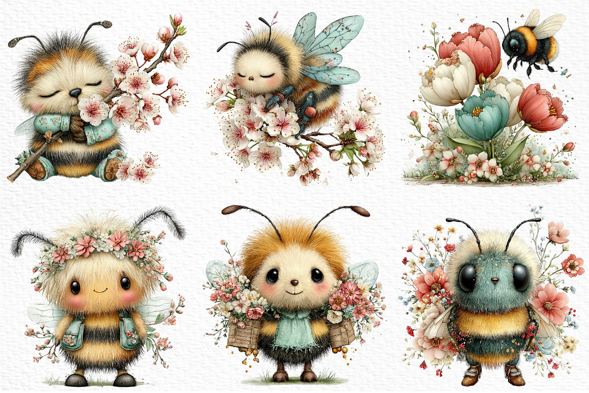 Whimsical Spring Bee Clipart PNG, an Illustration by Craft Nest (Photo 3 of 11)