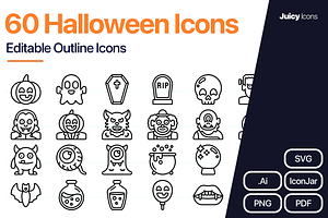 60 Halloween Line Vector Icons