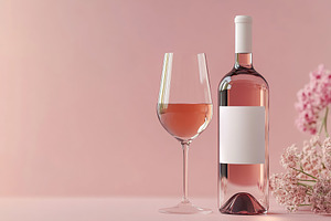 Elegant setup featuring blank wine bottle with glass and flowers, a Food & Drink Photo by AlyaAnd