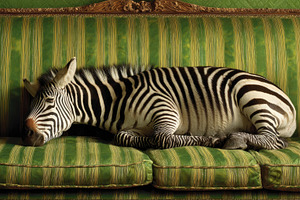 Zebra resting on a green couch, a Photo by Beautiful things