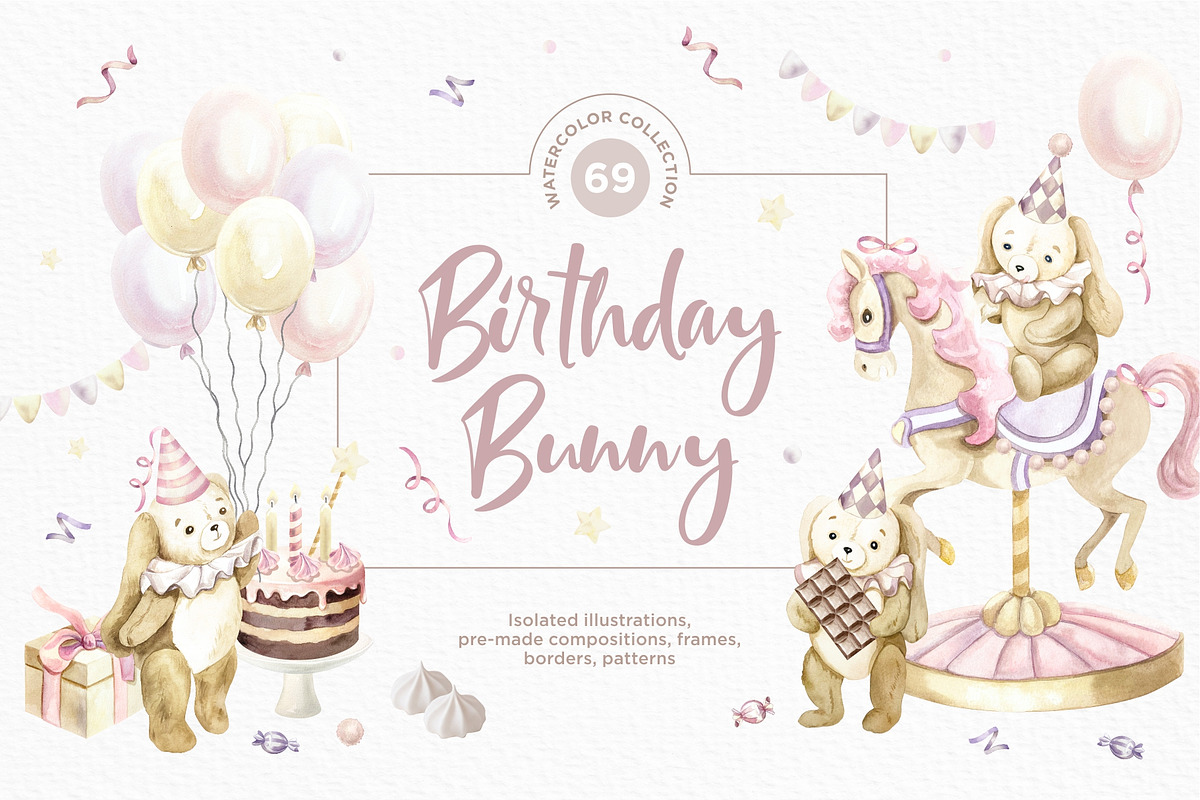 Birthday Bunny Watercolor collection, an Animal Illustration by Farida Bik (Photo 1 of 10)