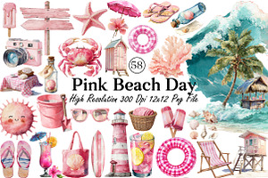 Watercolor Pink Beach Day Clipart, an Illustration by DreamCafeArt
