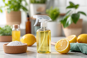 Cleaning supplies displayed with glass spray bottle and fresh lemons in a brigh, a Food & Drink Photo by AlyaAnd