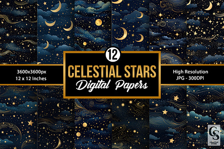 Celestial Night Stars Digital Papers, a Pattern Graphic by Creative Store