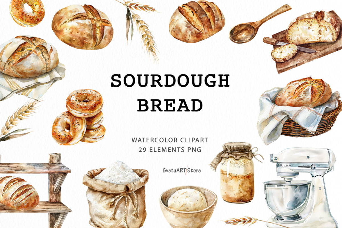 Watercolor Sourdough Bread Clipart, a Food Illustration by SvetaArtStore (Photo 1 of 6)