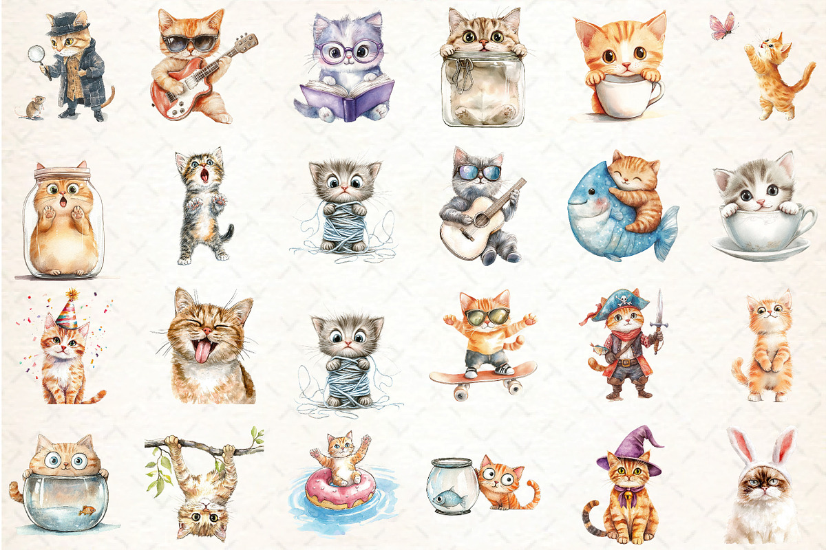 Watercolor Funny Cats Clipart, an Illustration by DreamCafeArt (Photo 3 of 3)