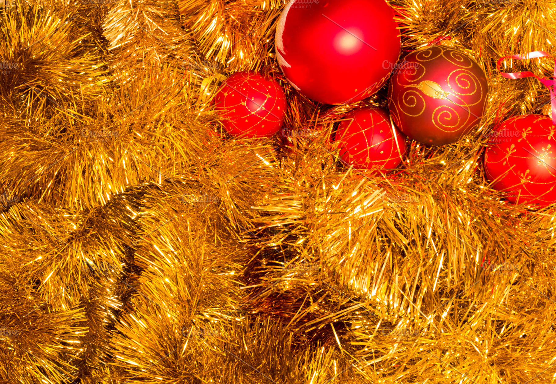 Gold tinsel and red christmas balls. Christmas decoration., a Holiday Photo by Life For Photo