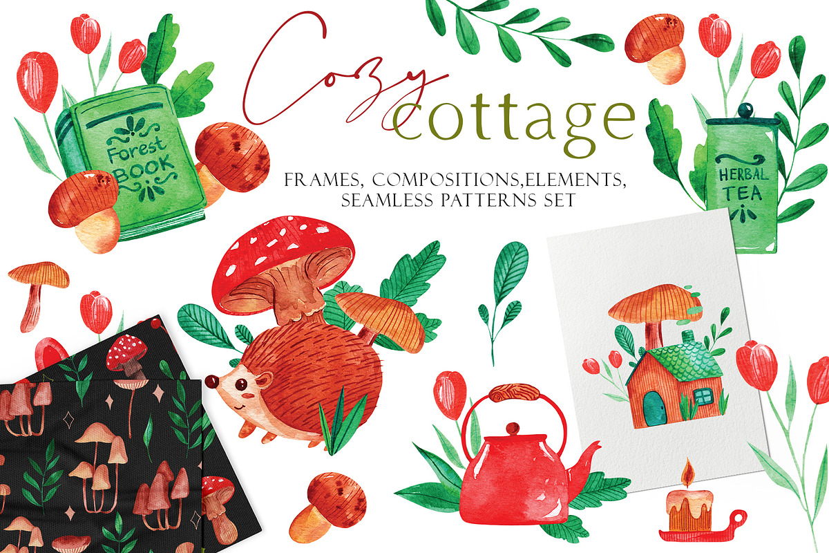 Cozy watercolor clipart & patterns, a Seasonal Illustration by Yelloo Fish (Photo 1 of 15)