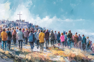 Large crowd walking toward hilltop cross under blue sky in color, a Person Photo by José Manuel Gelpi