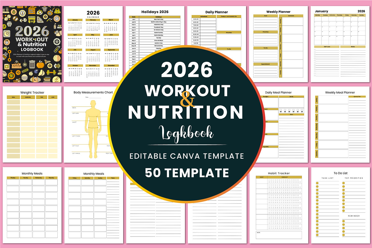 2026 Workout & Nutrition Logbook, a Stationery Template by Shumaya (Photo 1 of 4)
