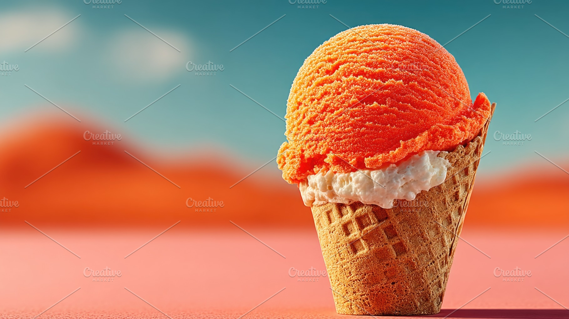 Ice cream cone with orange scoop on pastel background, refreshin, a Food & Drink Photo by José Manuel Gelpi