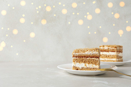Concept of sweets, honey cake, space for text, a Food & Drink Photo by AtlasStudio PRO